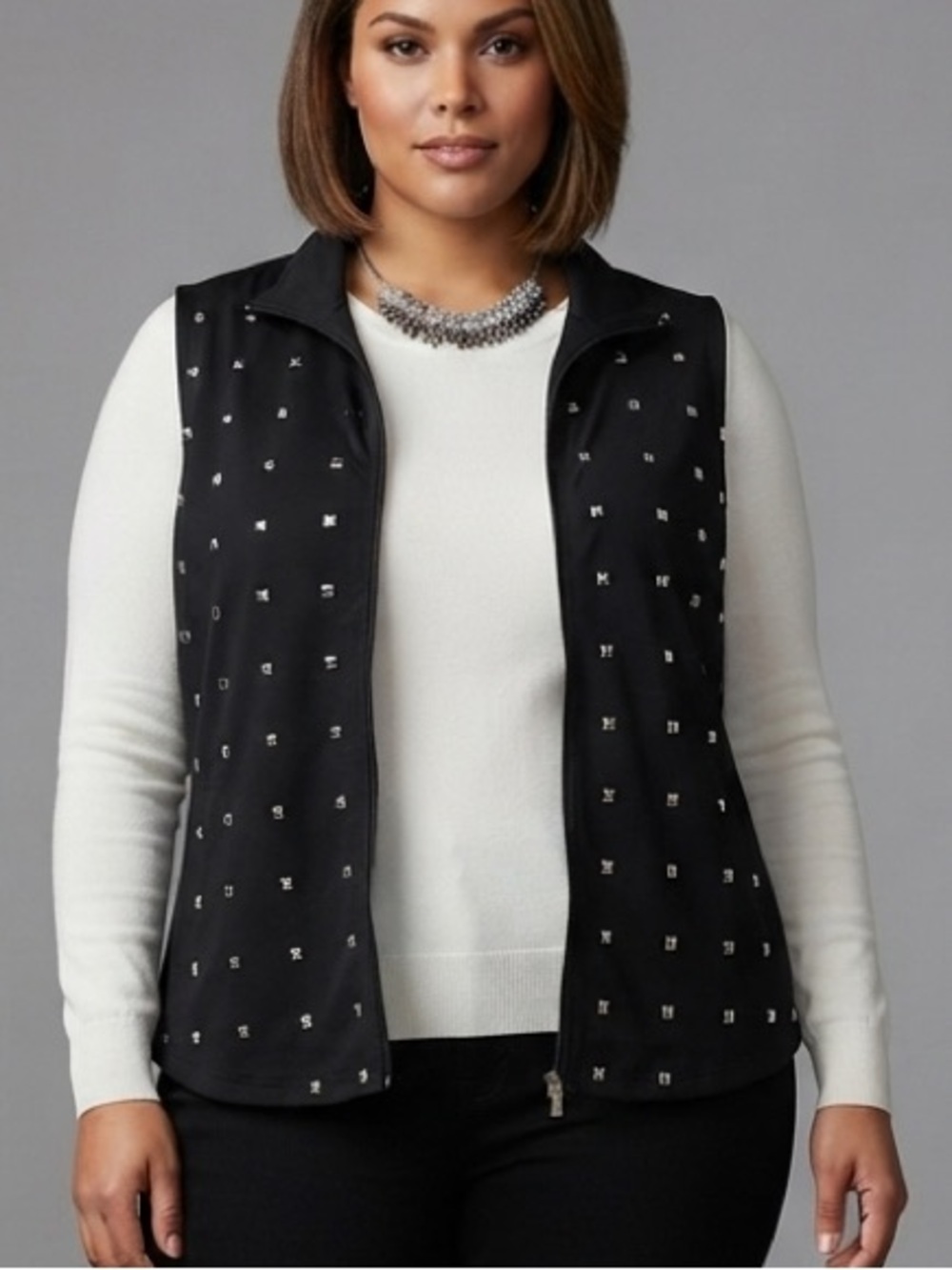 ALIA Black Sleeveless Zip-Front Vest with Silver Studs size Large Petite